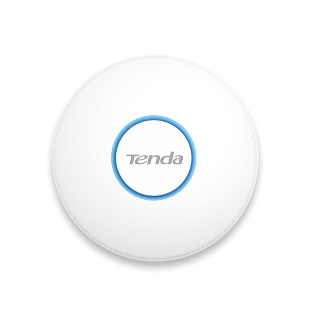 Access point Tenda i27 rotondo e bianco montato in piano su un soffitto