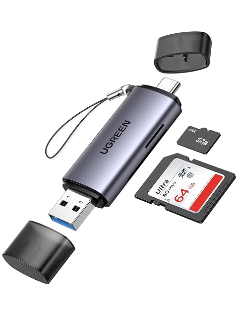 Lettore di schede UGREEN 2 in 1 grigio con una spina USB Type-A, una spina Type-C e slot SD e microSD