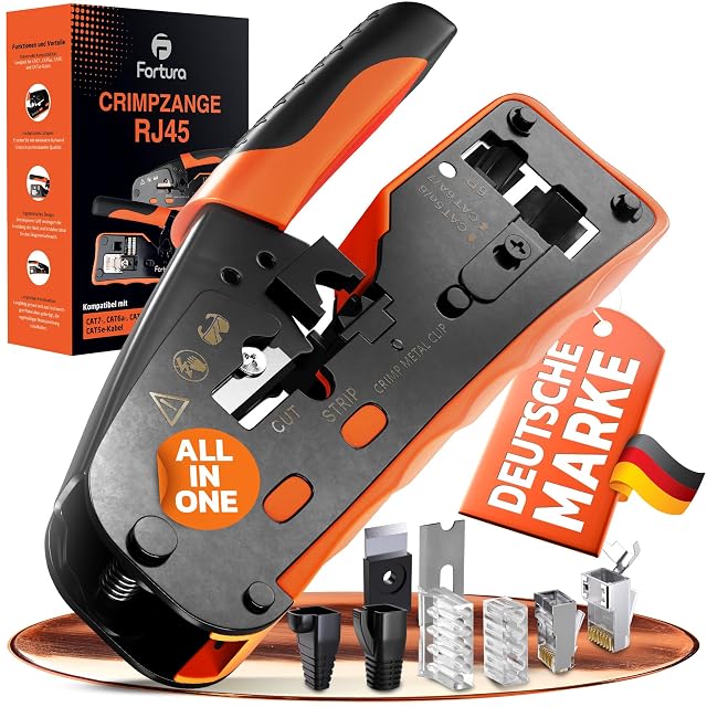 Pinza a crimpare RJ45 Fortura con spine, guide di inserimento, copriconnettori e una lama di ricambio