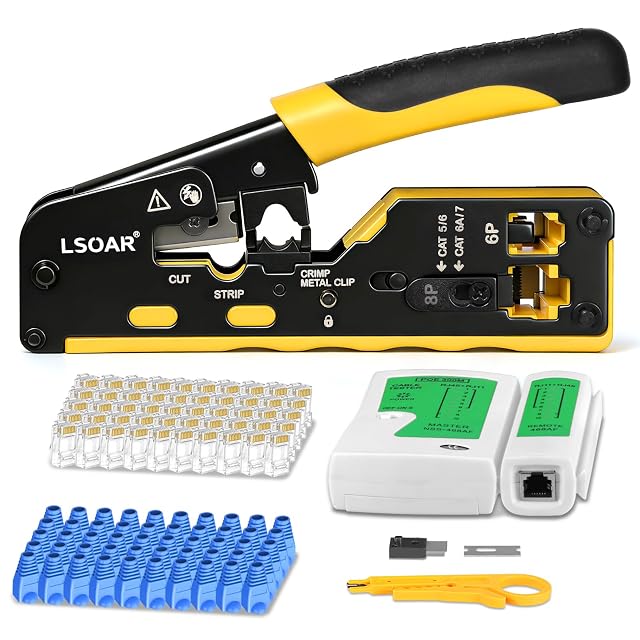 Pinza a crimpare RJ45 passante Lsoar con cinquanta spine Cat6 e una piccola spelafili
