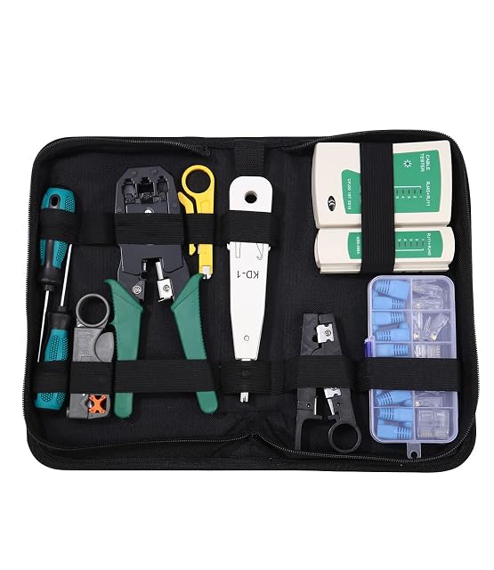 Kit di attrezzi di rete Xespis con pinza a crimpare, tester per cavi, spelafili e attrezzo di attestazione a impatto in una borsa con cerniera
