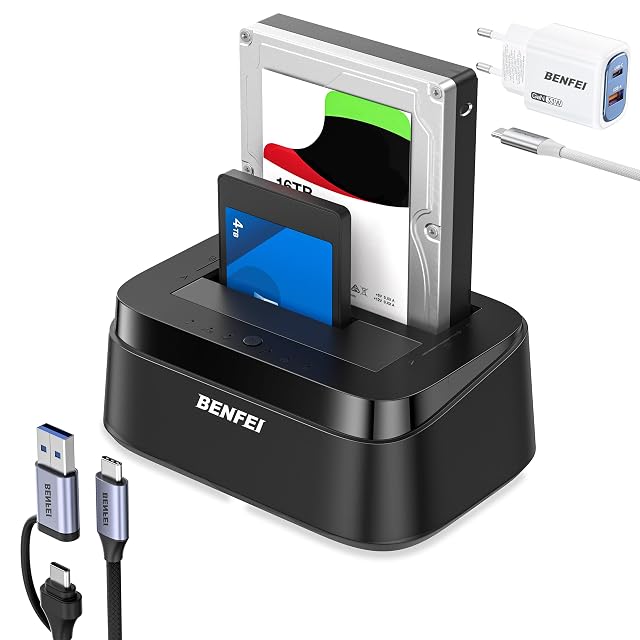 Docking station BENFEI nera a due alloggiamenti con un pulsante di clonazione e un interruttore