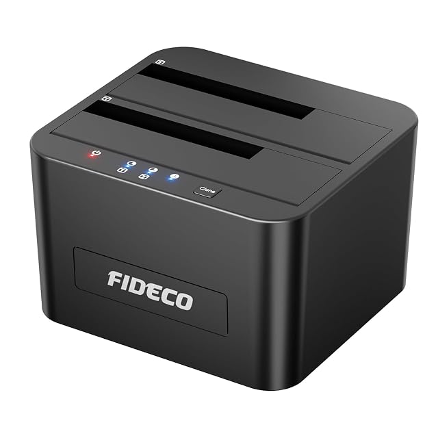 Docking station FIDECO nera a due alloggiamenti con due slot per unità e un pulsante di clonazione