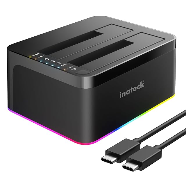 Docking station Inateck nera a due alloggiamenti con illuminazione RGB e due slot per unità