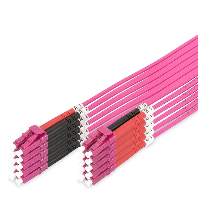 Bretelle in fibra duplex OM4 viola DIGITUS con connettori LC, cinque per confezione