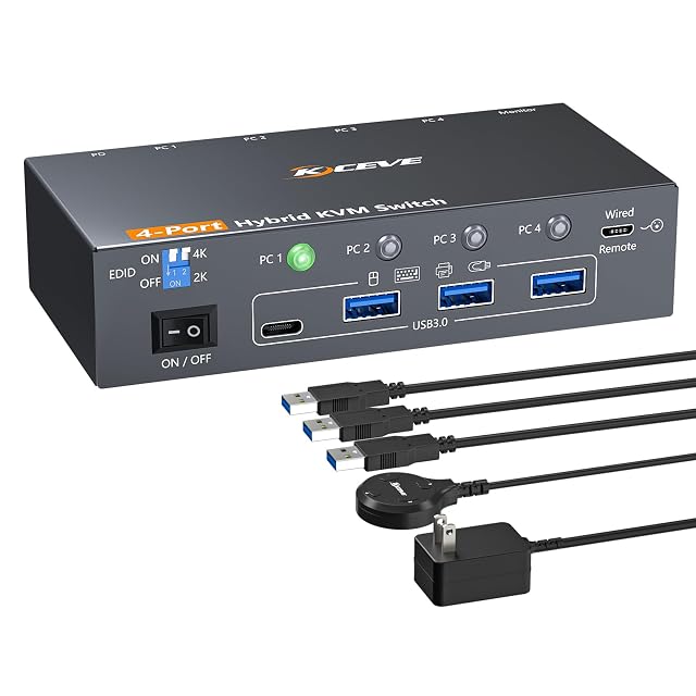 Switch KVM AOOCOO KC-401C-AO-DE a quattro porte con ingressi DisplayPort, USB-C e HDMI e un telecomando via cavo