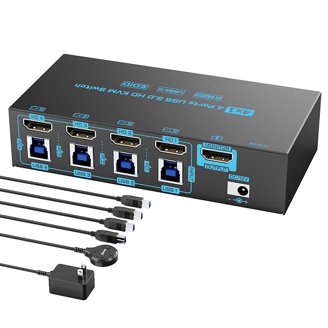 Switch KVM HDMI DXchip ZX-KVM8401B002 a quattro porte con quattro prese USB 3.0 e un comando via cavo