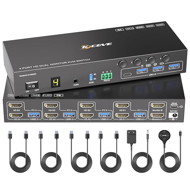 Switch KVM HDMI MLEEDA a quattro porte per due monitor con quattro prese USB 3.0 e un telecomando via cavo