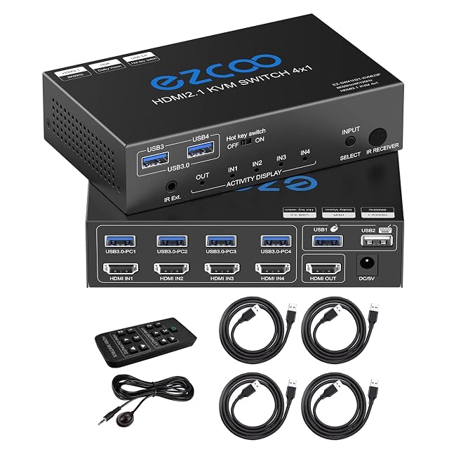 Switch KVM HDMI ROFAVEZCO EZ-SW41H21-KVMU3P a quattro porte con un telecomando a infrarossi e quattro cavi USB 3.0