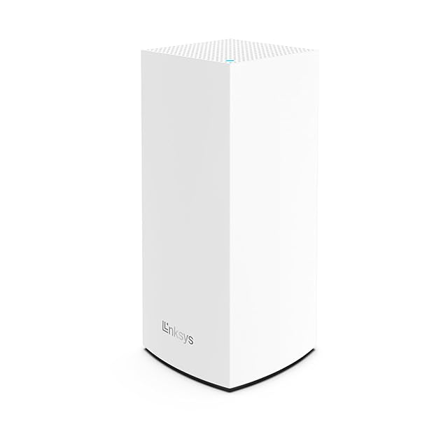 Nodo mesh tri-band Linksys Velop MX4200 bianco e alto visto di fronte