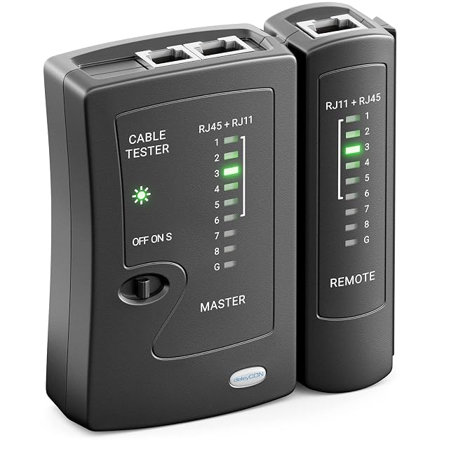 Tester per cavi di rete deleyCON nero con un’unità principale e un’unità remota