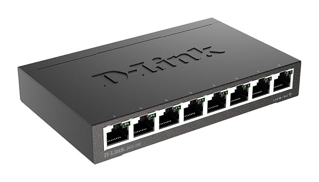 Switch di rete gigabit D-Link DGS-108 a otto porte in un involucro metallico nero
