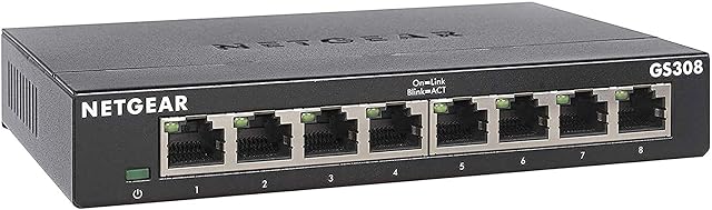 Switch di rete gigabit NETGEAR GS308 a otto porte in un involucro metallico con un interruttore di accensione