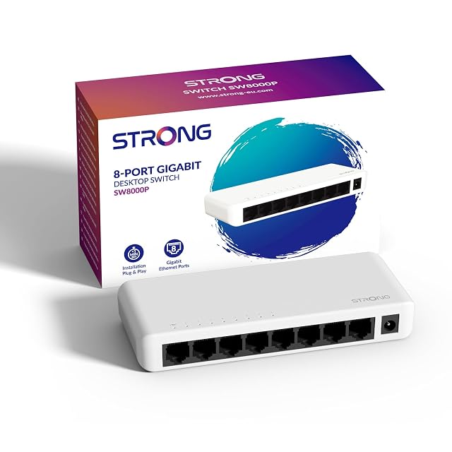 Switch di rete gigabit STRONG SW8000P a otto porte in un involucro di plastica compatto