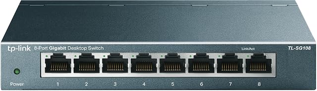 Switch di rete gigabit TP-Link TL-SG108 a otto porte in un involucro metallico blu metallizzato
