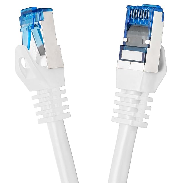 Cavo patch BIGtec bianco Cat 7 da 10 m con spine RJ45 schermate blu e cappucci stampati