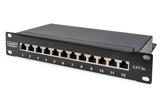 Pannello patch DIGITUS da 10 pollici a dodici porte Cat 6A schermato in un guscio di metallo nero
