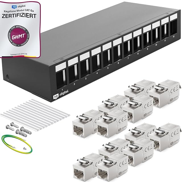 Pannello patch keystone HB-DIGITAL nero a dodici porte popolato con moduli RJ45 Cat 6a