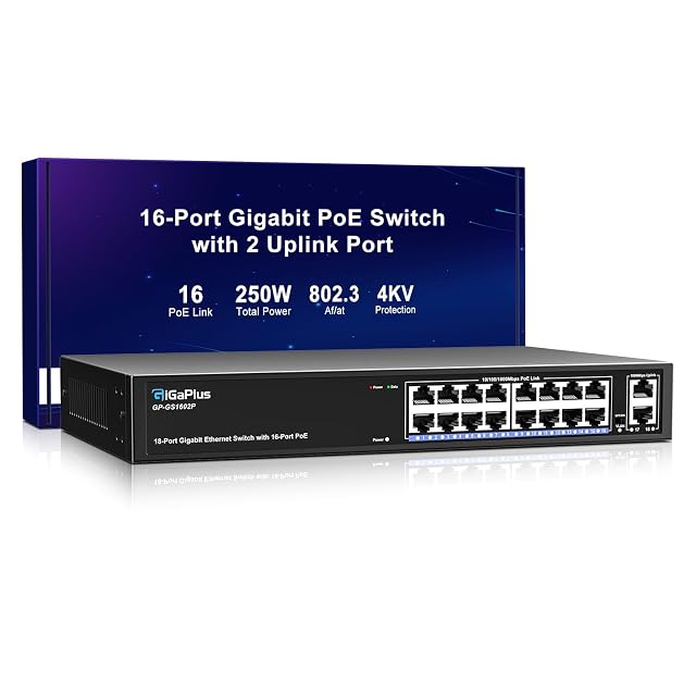 Switch PoE gigabit GigaPlus GP-GS1602P a diciotto porte in un involucro metallico con sedici prese alimentate e due uplink