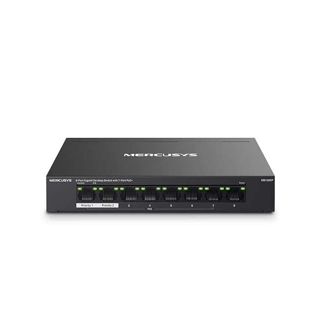 Switch PoE gigabit MERCUSYS MS108GP a otto porte in un involucro metallico con sette prese alimentate