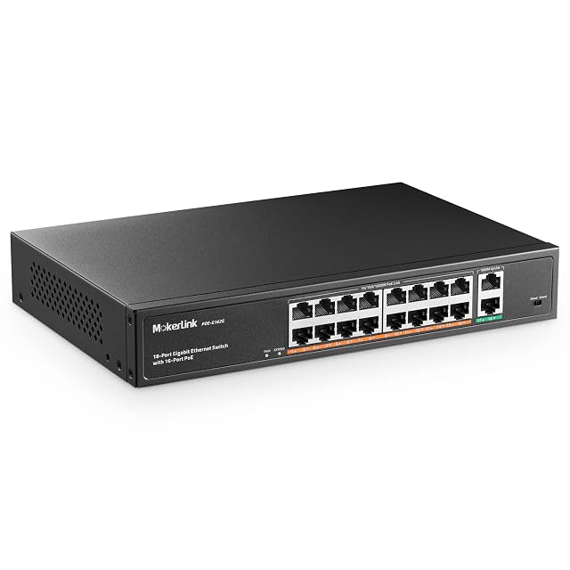 Switch PoE gigabit MokerLink POE-G162G a diciotto porte in un involucro metallico da rack con sedici prese alimentate
