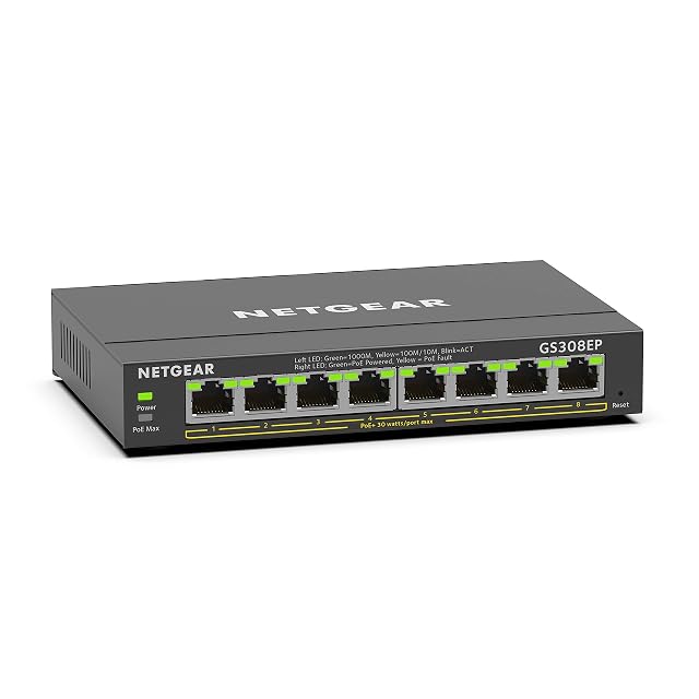 Switch PoE gigabit NETGEAR GS308EP a otto porte in un involucro metallico senza ventola