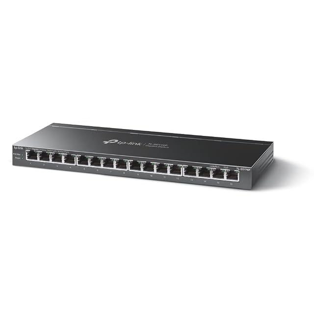 Switch PoE gigabit TP-Link TL-SG116P a sedici porte in un involucro metallico nero senza ventola