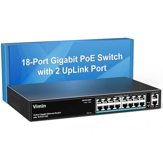 Switch PoE gigabit VIMIN VM-GS1620P-EU a diciotto porte in un involucro metallico con sedici prese alimentate e due uplink