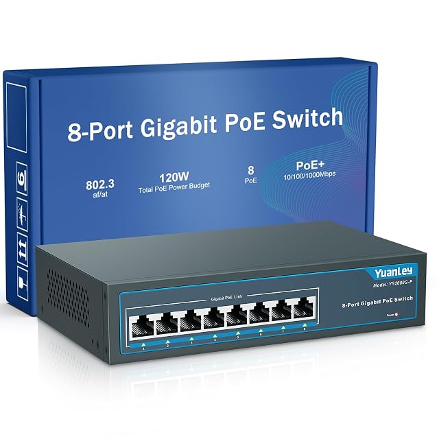 Switch PoE gigabit YuanLey YS2080G-P a otto porte in un involucro metallico con alette di montaggio