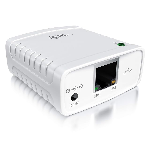 Server di stampa LAN CSL con una presa di rete RJ45 e una presa USB per la stampante