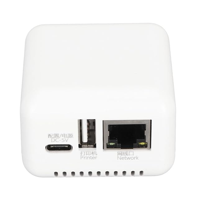 Server di stampa senza fili compatto SatcOp con una presa USB e un’interfaccia per cavo di rete