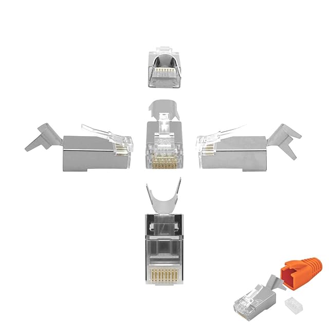 Spina RJ45 schermata a crimpare ARLI con fermacavo antistrappo in metallo, guida di inserimento e cappuccio