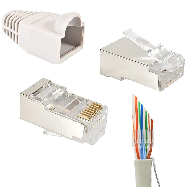 Spina RJ45 a crimpare Cat 6 schermata VESVITO grigia con guida di inserimento e cappuccio