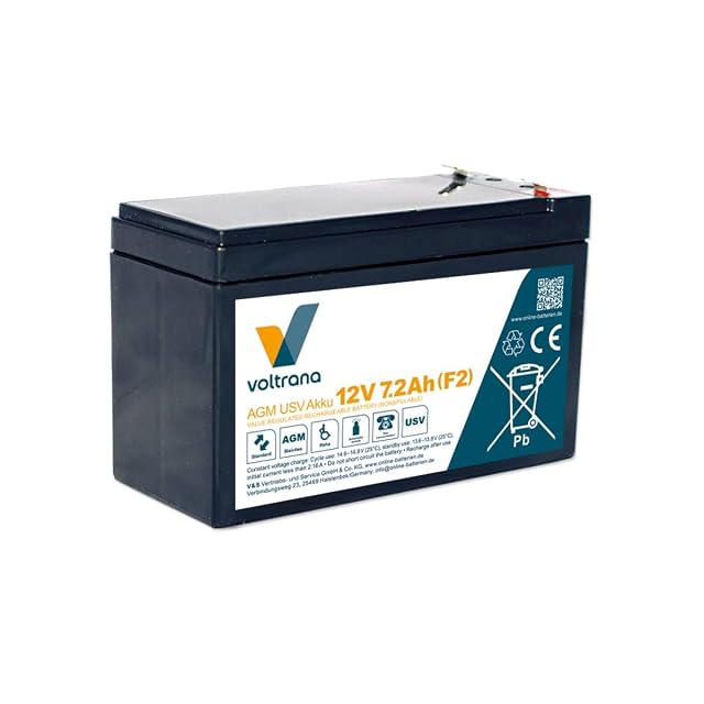 Batteria di ricambio per UPS Voltrana da 12 V e 7,2 Ah in un involucro nero ermetico