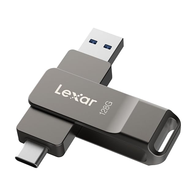 Chiavetta doppia Lexar D40E da 128 GB in grigio titanio con cappuccio rotante che copre la spina Type-C
