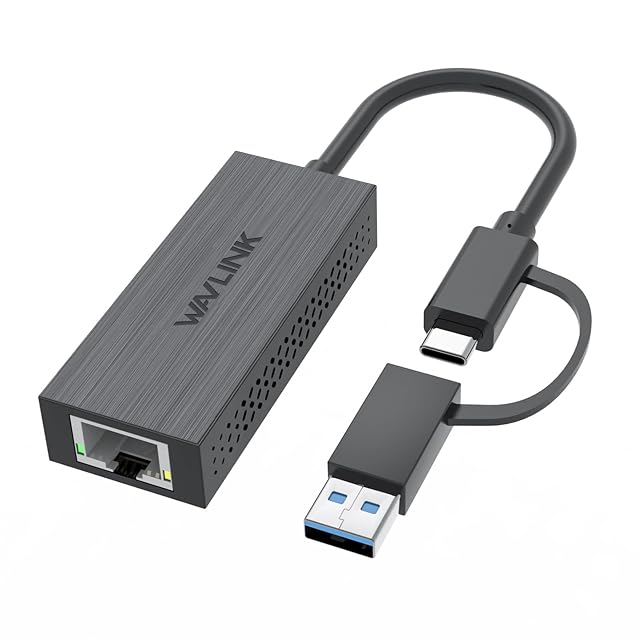 Adattatore LAN USB 2.5G WAVLINK con connettori USB Type-A e Type-C e presa RJ45