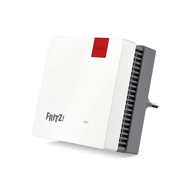 Ripetitore FRITZ Repeater 1200 AX bianco con fascia rossa e spia di stato