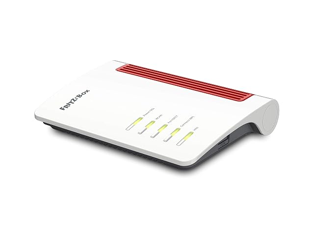 Router DSL FRITZ!Box 7530 AX rosso e bianco appoggiato in piano
